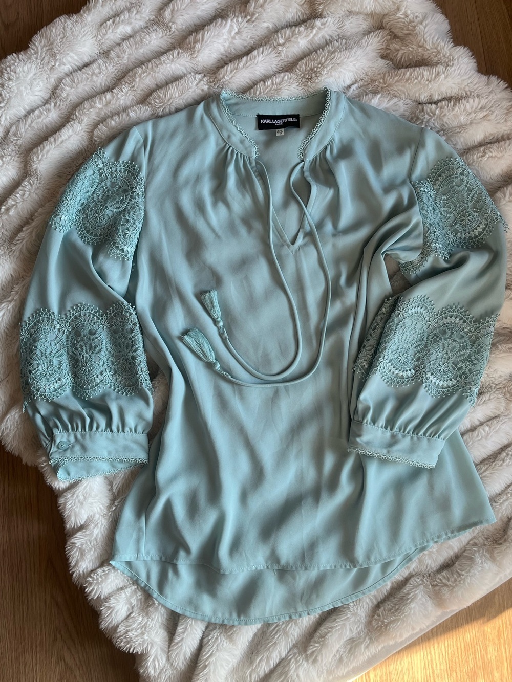 Karl Lagerfeld Seafoam Blue Lace-Trim Tunic Blouse